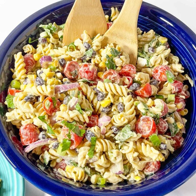 southwestern pasta salad in a blue salad bowl.