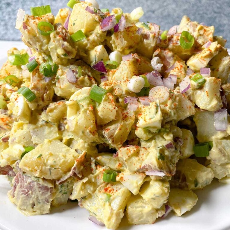 redskin potato salad in a white bowl