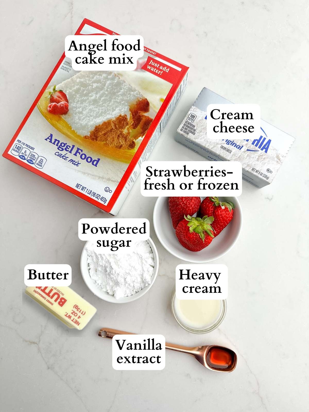 strawberry angel food cake and cream cheese glaze ingredients.