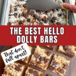 hello dolly bars cut into squares on a wooden cutting board.