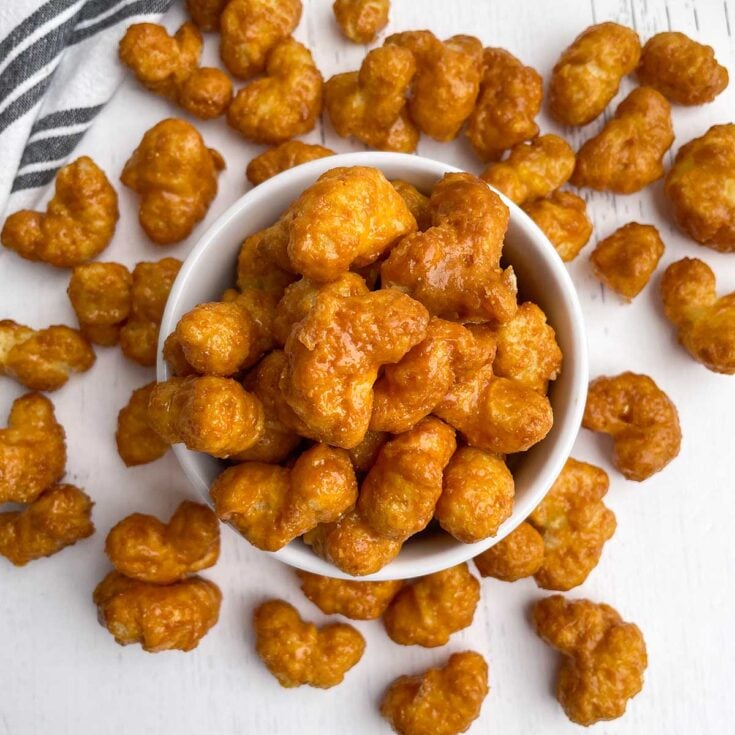 Caramel Puff Corn Recipe without Corn Syrup in a white bowl