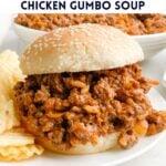 a chicken gumbo sloppy joe on a plate with chips.