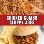 a chicken gumbo sloppy joe on a plate with chips.