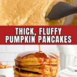 a bowl of pumpkin pancake batter and a stack of pumpkin pancakes on a white plate.