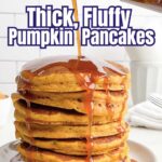 a stack of pumpkin pancakes on a white plate.