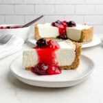 piece of no-bake cheesecake with cherry topping