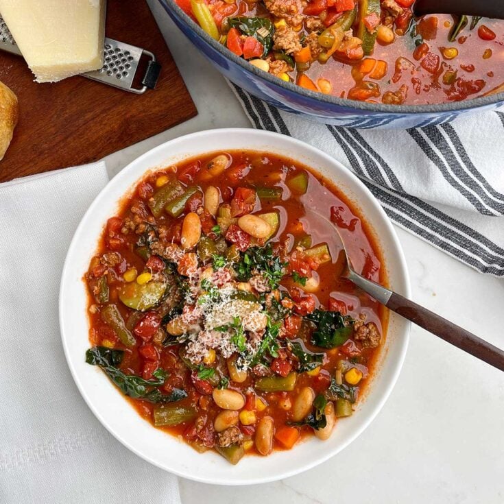 Tuscan Kale soup in a white bowl