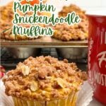 pumpkin snickerdoodle muffin on a white plate.