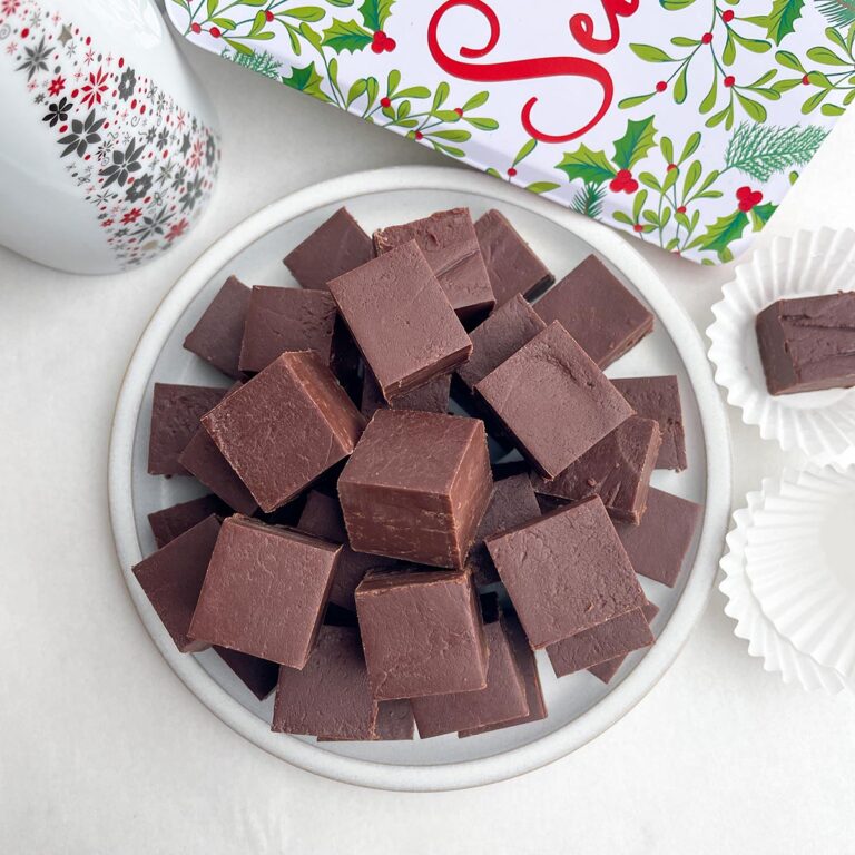 squares of 2 ingredient dark chocolate fudge on a white plate
