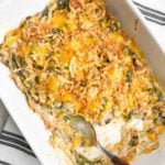 Paula Deen green bean casserole in a white casserole dish