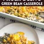 Paula Deen green bean casserole on a white plate.