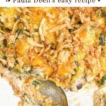 Paula Deen green bean casserole in a white baking dish.