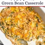 Paula Deen green bean casserole in a white baking dish.