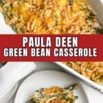 Paula Deen green bean casserole on a white plate.