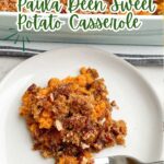 Paula Deen sweet potato casserole on a white plate.