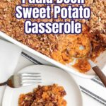 Paula Deen sweet potato casserole in a white baking dish.