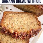 banana bread with oil on a white plate.