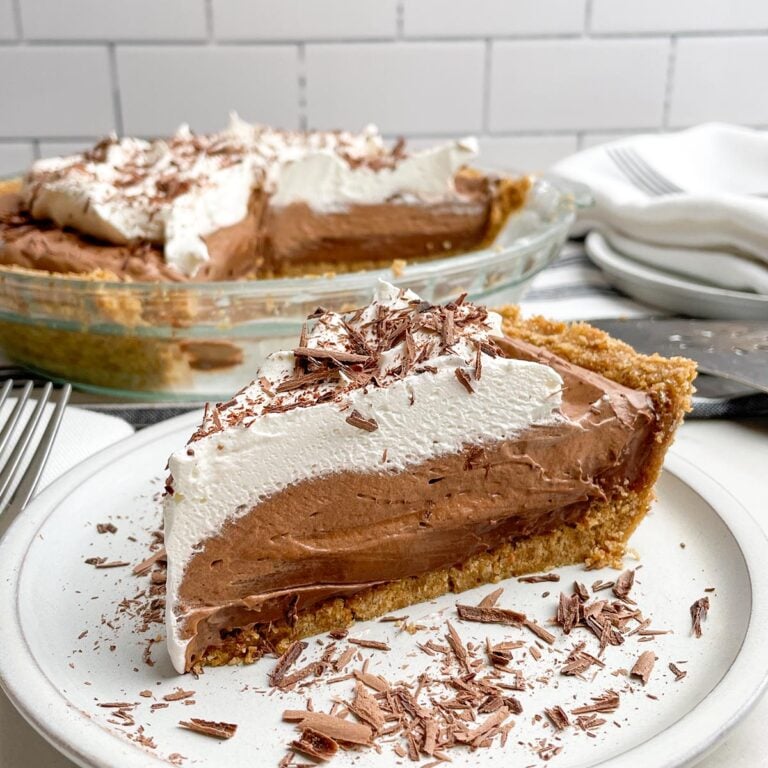 side view of one piece of chocolate pudding pie