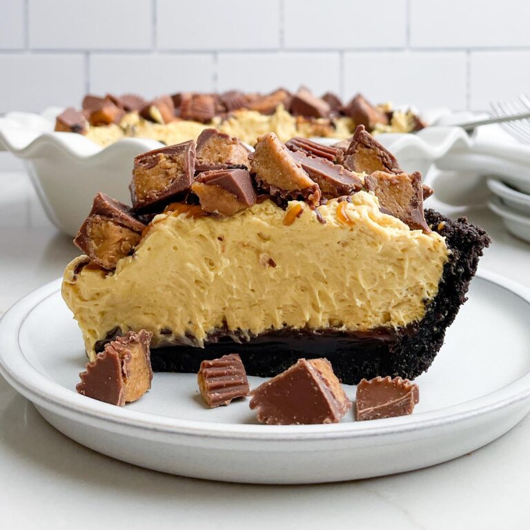 side view of slice of no bake chocolate peanut butter pie