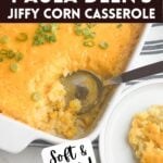 Paula Deen corn casserole in a white baking dish.
