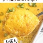 Paula Deen corn casserole in a white baking dish.