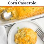 Paula Deen corn casserole in a white baking dish.