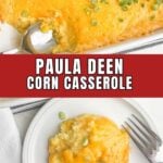 Paula Deen corn casserole in a white baking dish.