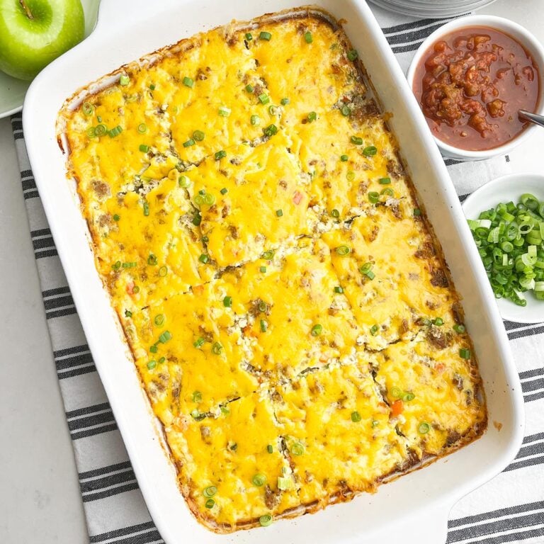 sausage egg bake in a white caserole dish