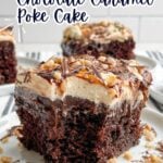 a piece of chocolate caramel poke cake on a white plate.