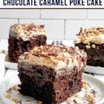 a piece of chocolate caramel poke cake on a white plate.