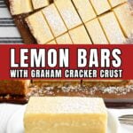lemon bars on a wood cutting board.