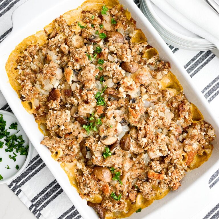 baked Swiss chicken casserole in white baking pan