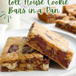 two toll house chocolate chip cookie bars on a white plate.