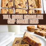 toll house chocolate chip cookie bars on a white plate.