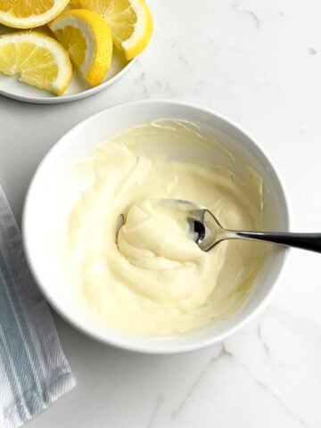 mayonnaise Dijon mixture in white bowl