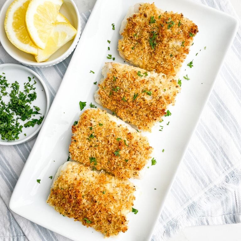 Parmesan panko cod on a white platter