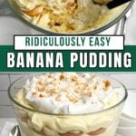 photos of overhead and side views of banana pudding in a trifle dish.