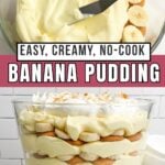 photos of hand spreading pudding over bananas in a trifle bowl and side view of banana pudding in a trifle bowl.