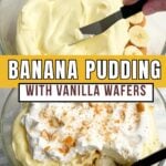 photos of hand spreading pudding over bananas in a trifle bowl and overhead view of banana pudding in a trifle bowl.