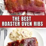 applying seasoning to ribs and a plate with ribs and mashed potatoes.