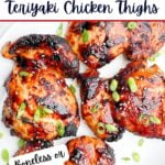 oven baked boneless teriyaki chicken thighs on a white plate.