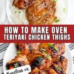 oven baked boneless and bone-in teriyaki chicken thighs on a white plate.