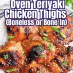 oven baked bone-in teriyaki chicken thighs on a white plate.