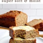 two slices of banana zucchini bread stacked on a white plate.