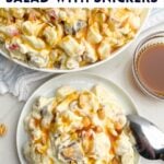 caramel apple salad on a white plate.