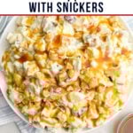 caramel apple salad in a white bowl.