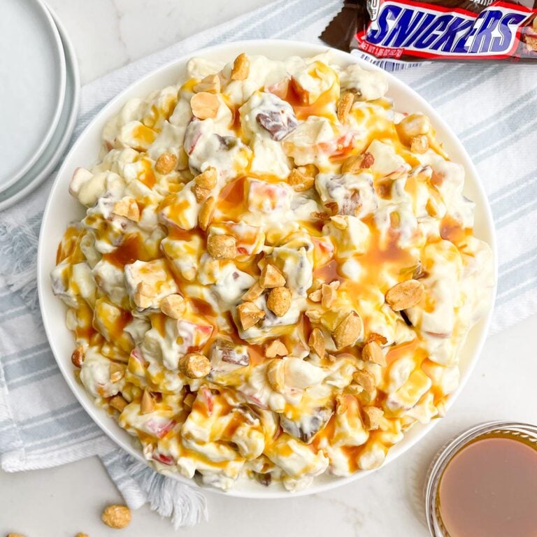 taffy apple salad in a white bowl