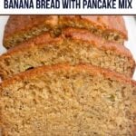 banana bread with pancake mix on a white plate.