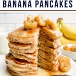 a stack of banana pancakes with caramelized banana topping on a white plate.