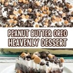 heavenly peanut butter oreo dessert on a white plate and in a glass pan.